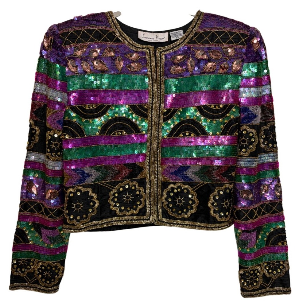 Vintage 80s Laurence Kazar Sequin Silk Cropped Jacket Bolero EUC PS Purple Green